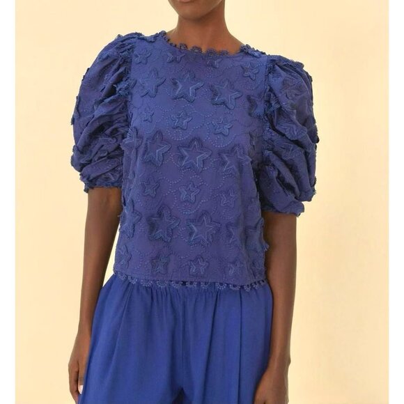 Farm Rio Tops - NWT Farm Rio 3D Star Embroidery Top Blouses Shirt Blue Size S Short Sleeve